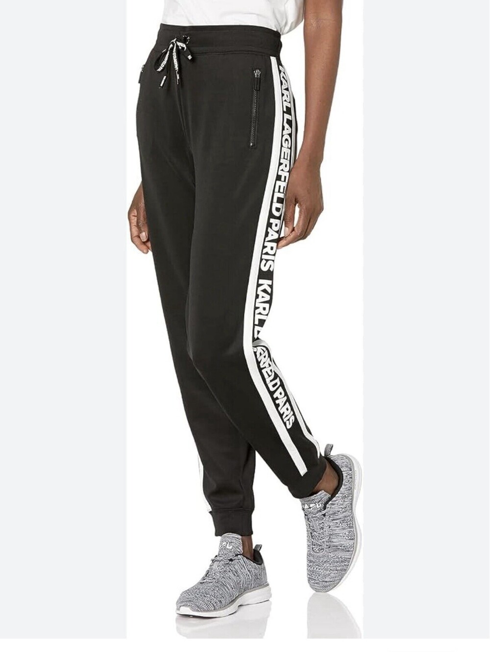 Karl Lagerfeld Paris Women's Joggers Logo Stripe Zipper Pockets Sweatpants Sz L
